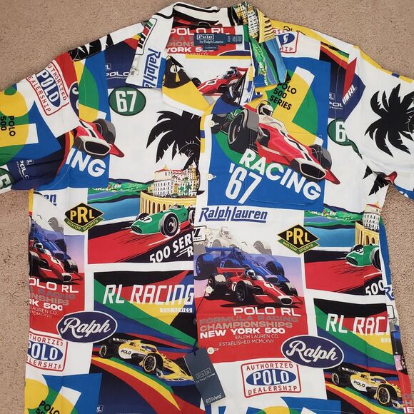 Polo Ralph Lauren Formula Racing Sz XL Classic Fit Prix Poster Woven Camp Shirt - Picture 2 of 8